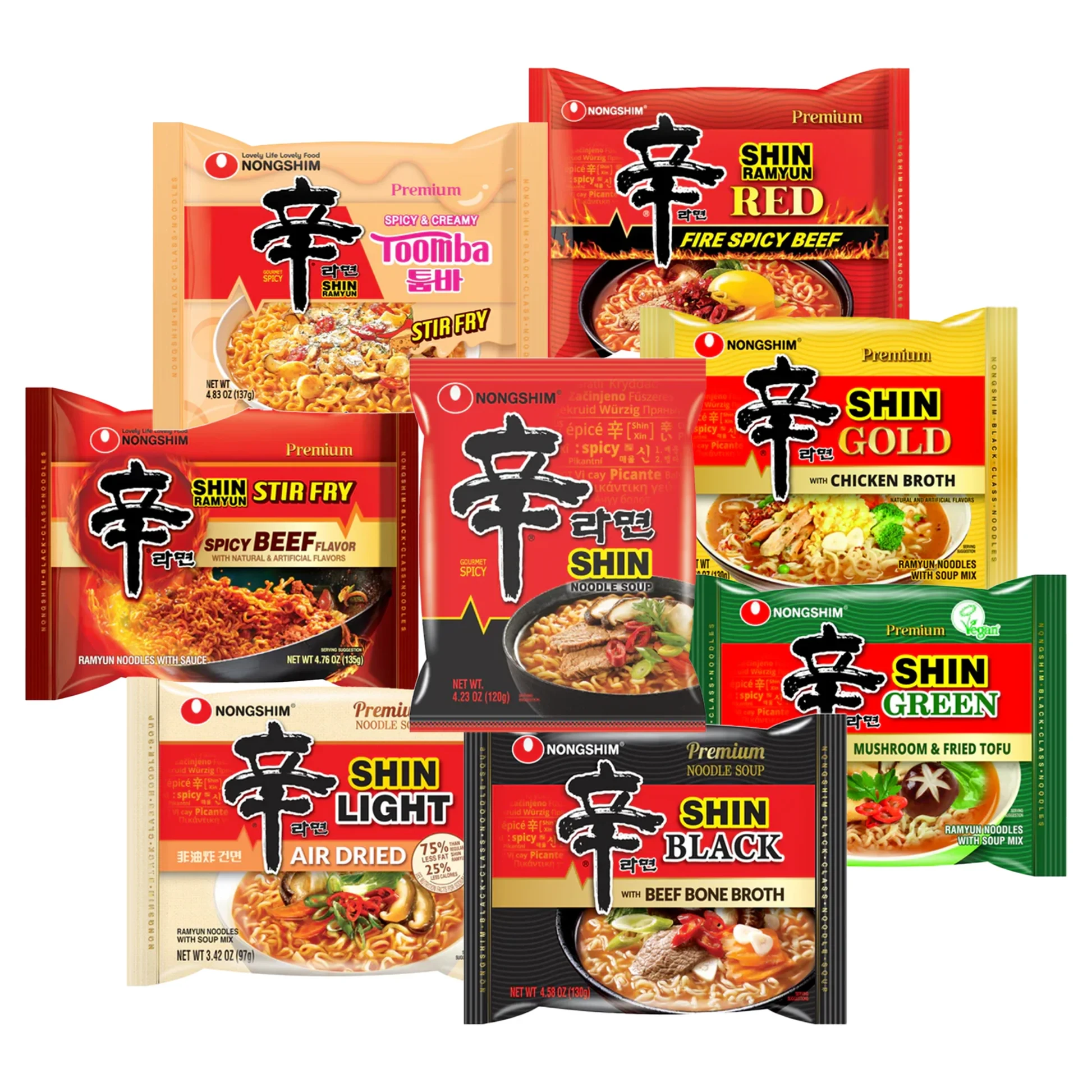 Colorful Korean ramen spread